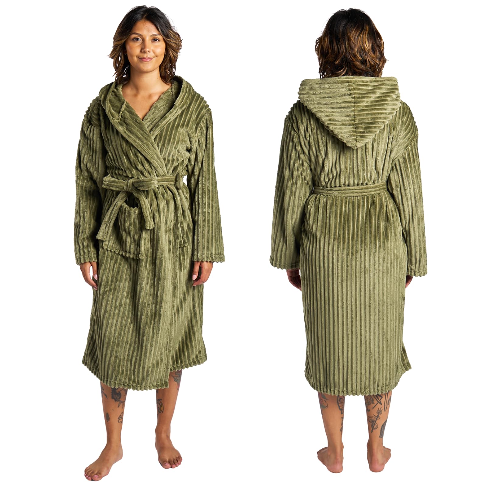 Ohs Unisex Green Ribbed Fleece Dressing Gown Womens, Mothers Day Gifts Bathrobe With Hood & Pockets Soft Warm Comfy Luxury Oversized Fluffy Mens Dressing Gowns, One Size