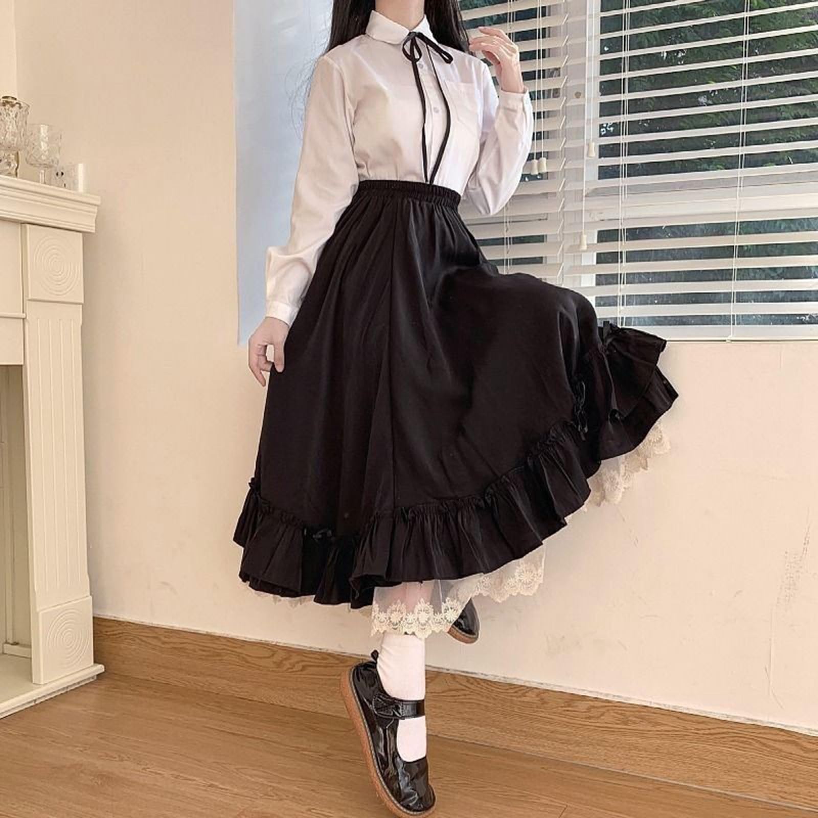 Strickrock Mini für Damen in Volltonfarbe, hohe Taille, japanischer Stil, Lolita-Stil, gerüschter Saum, süße Lange Röcke Karo Kurz