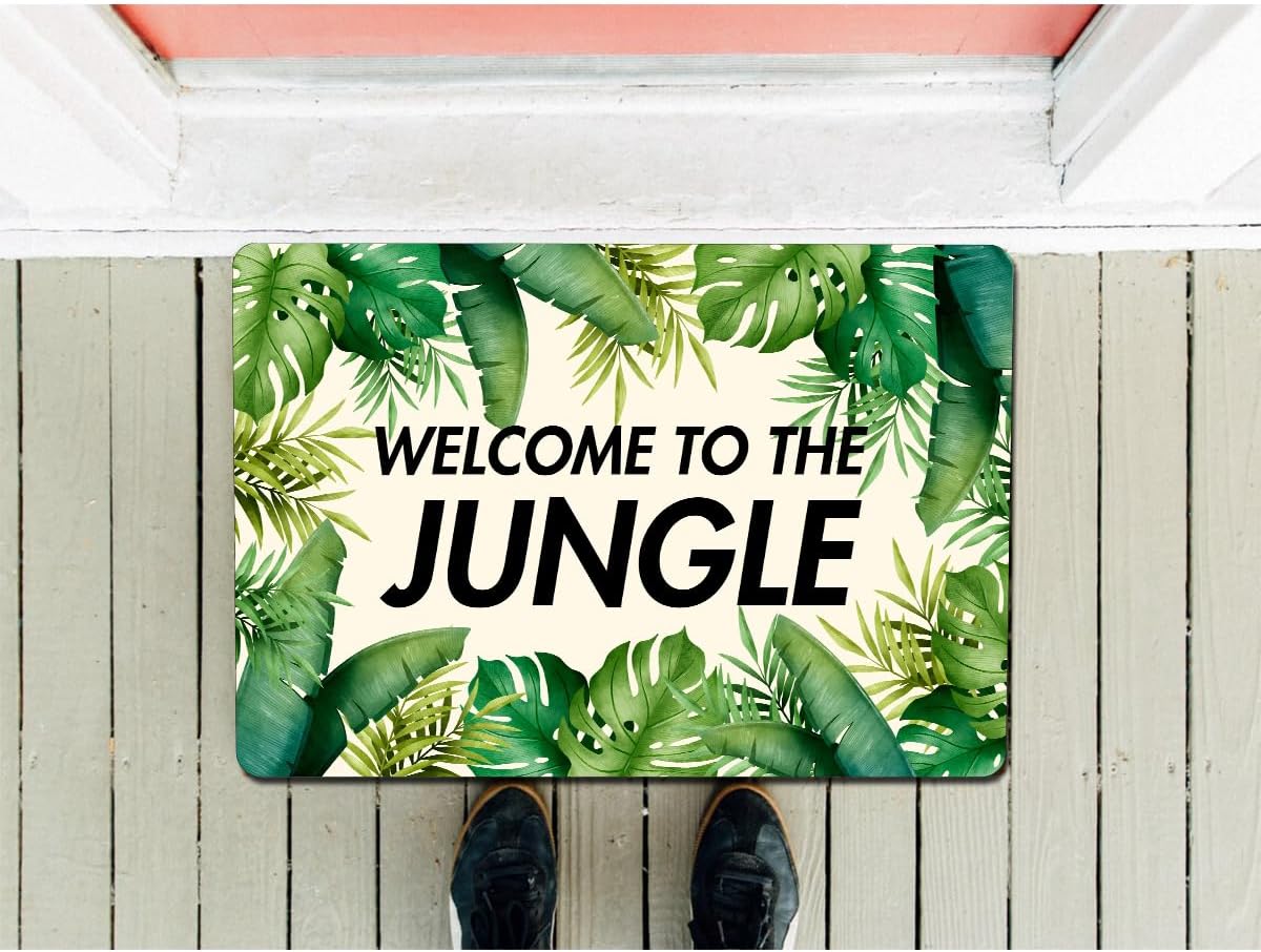 Funny Welcome Doormat for Front Door Mat House Warming Gift Rugs for Entrance Way Indoor Home Decor (23.7in X 15.6in) (Welcome to The Jungle Tropical Leaves)