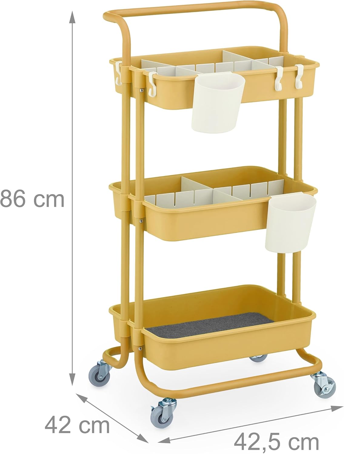 Diagram showing the height, width, and depth measurements of the rolling trolley