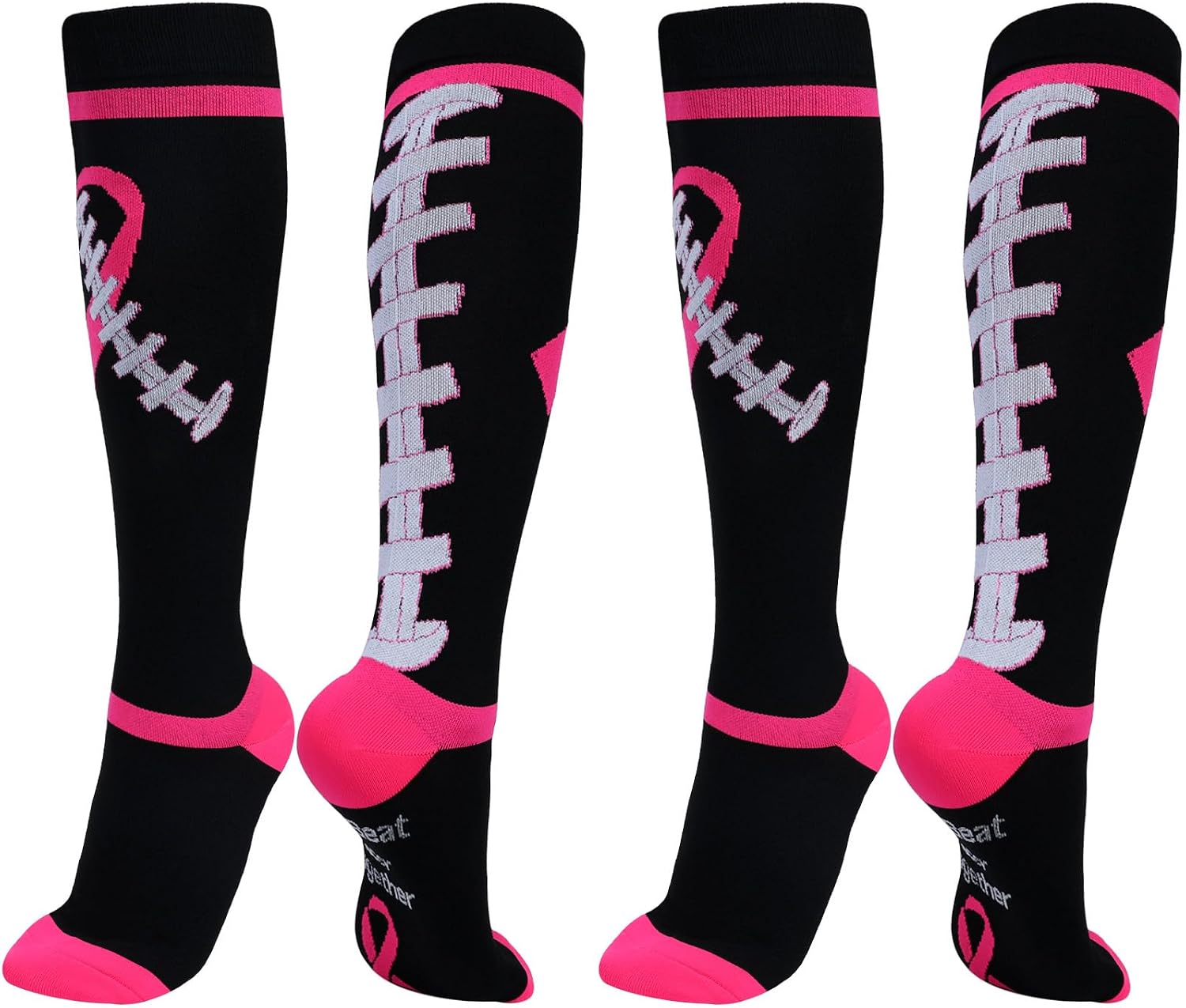 Breast Cancer Awareness Socks for Women Men, 2 Pairs Breast Cancer Football Socks Youth, Knee High Pink Ribbon Compression Stockings for Running Softball Soccer Cheer Accessories (L/XL)