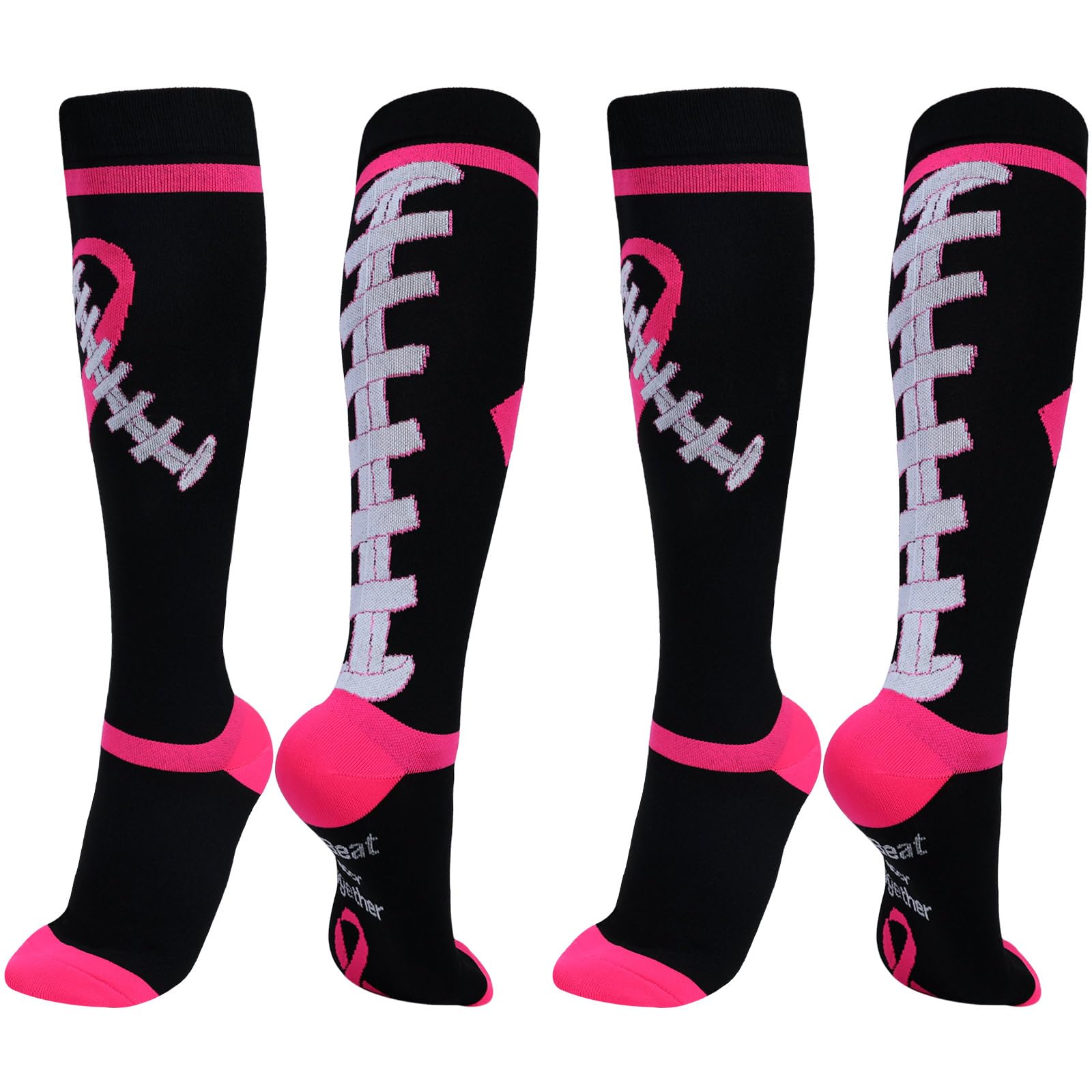 Subesty Breast Cancer Awareness Socks for Women Men, 2 Pairs Breast Cancer Football Socks Youth, Knee High Pink Ribbon Compression Socks for Running Softball Soccer Cheer Accessories (L/XL)