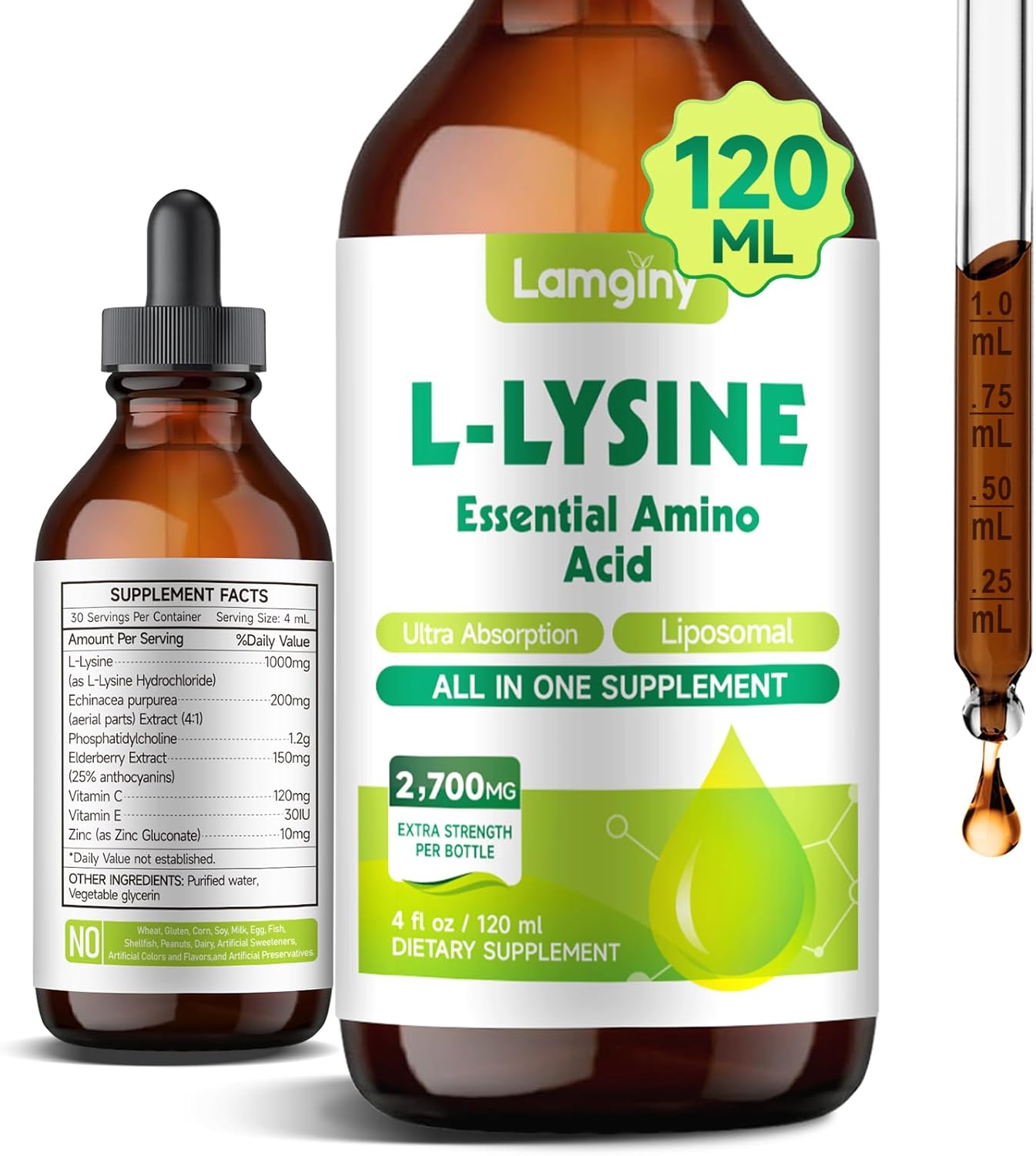L-lysine 1000mg Supplement, Liposomal Lysine Liquid Drops for Adults, Essential Amino Acid - Immune Support, Skin & Lip Health, Collagen Synthesis, Vegan, Non-GMO & Gluten-Free, 4 fl oz
