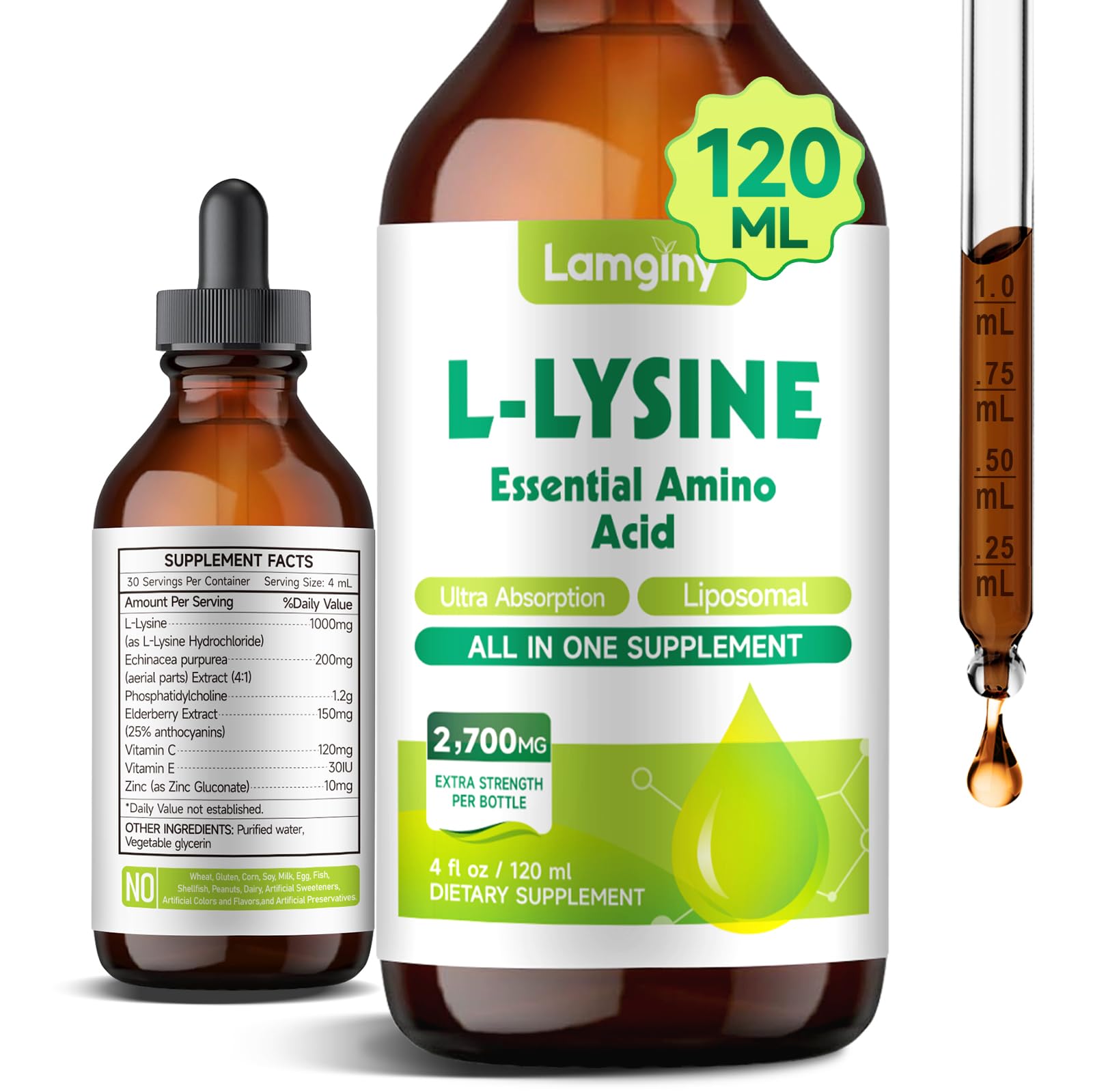 L-Lysine 1000mg Supplement, Liposomal Lysine Drops, Essential Amino Acid