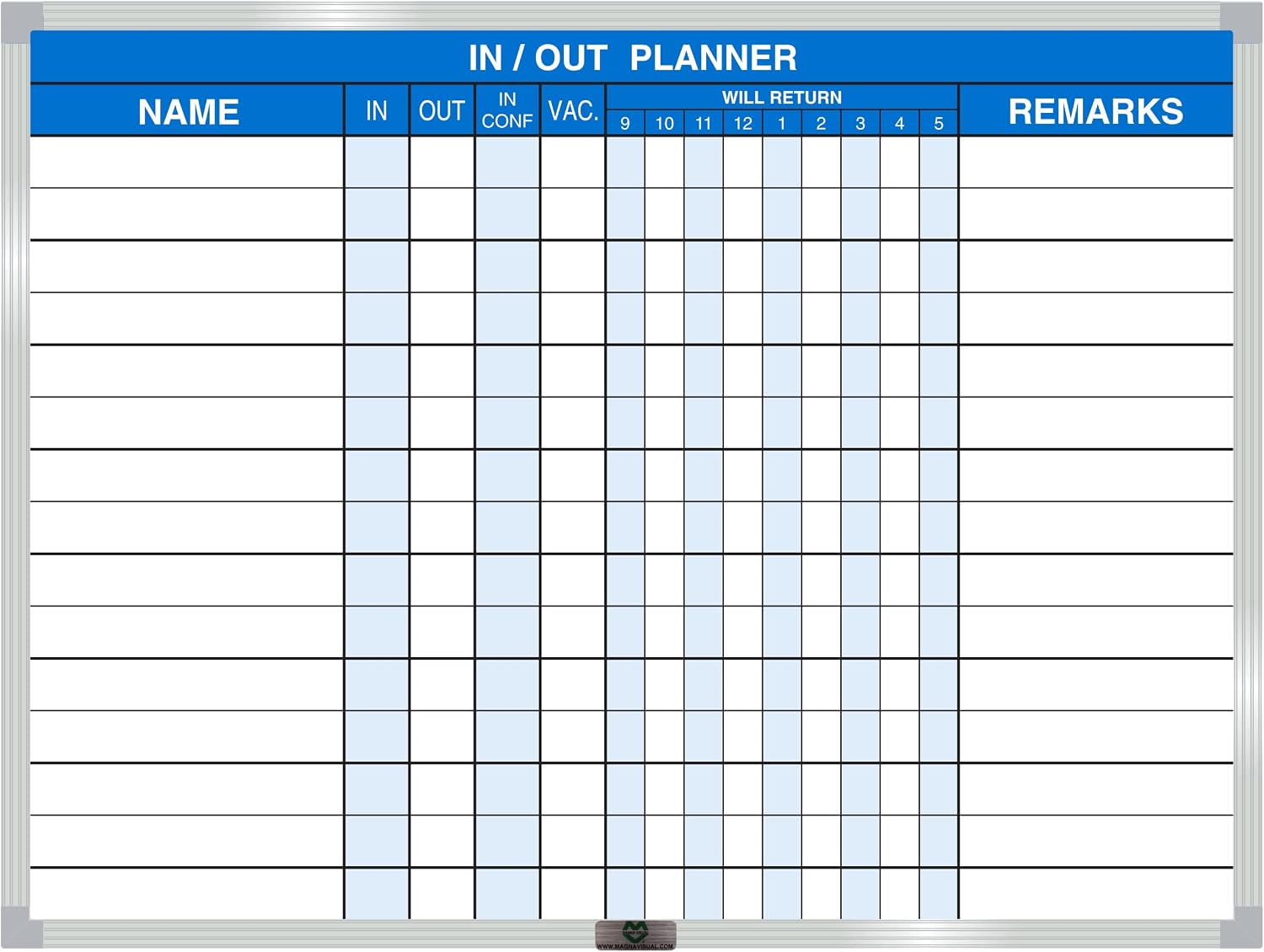 Magna Visual Magnetic Dry Erase in/Out Planner Kit (18" x 24" 15 Name, Blue) - Steel Board with Aluminum Frame