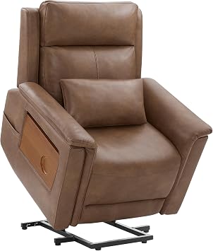CHITA Leather Power Lift Recliner Chair for Elderly, Heat & Massage, Saddle | Electric Lift Chair with Foldable Tray Table, Cup Holder, Removable Lumbar Pillow & Dual Side Pockets
