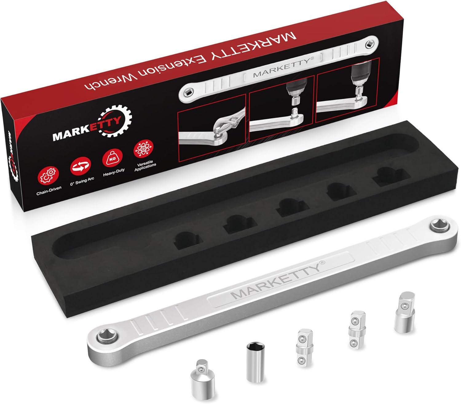 Offset Extension Wrench Impact Ready 3/8" for Tight Spaces, Wrench Extender Tool with 3/8", 1/4", 1/2" Square Drive Adapters and 1/4" Socket (SILVERY)