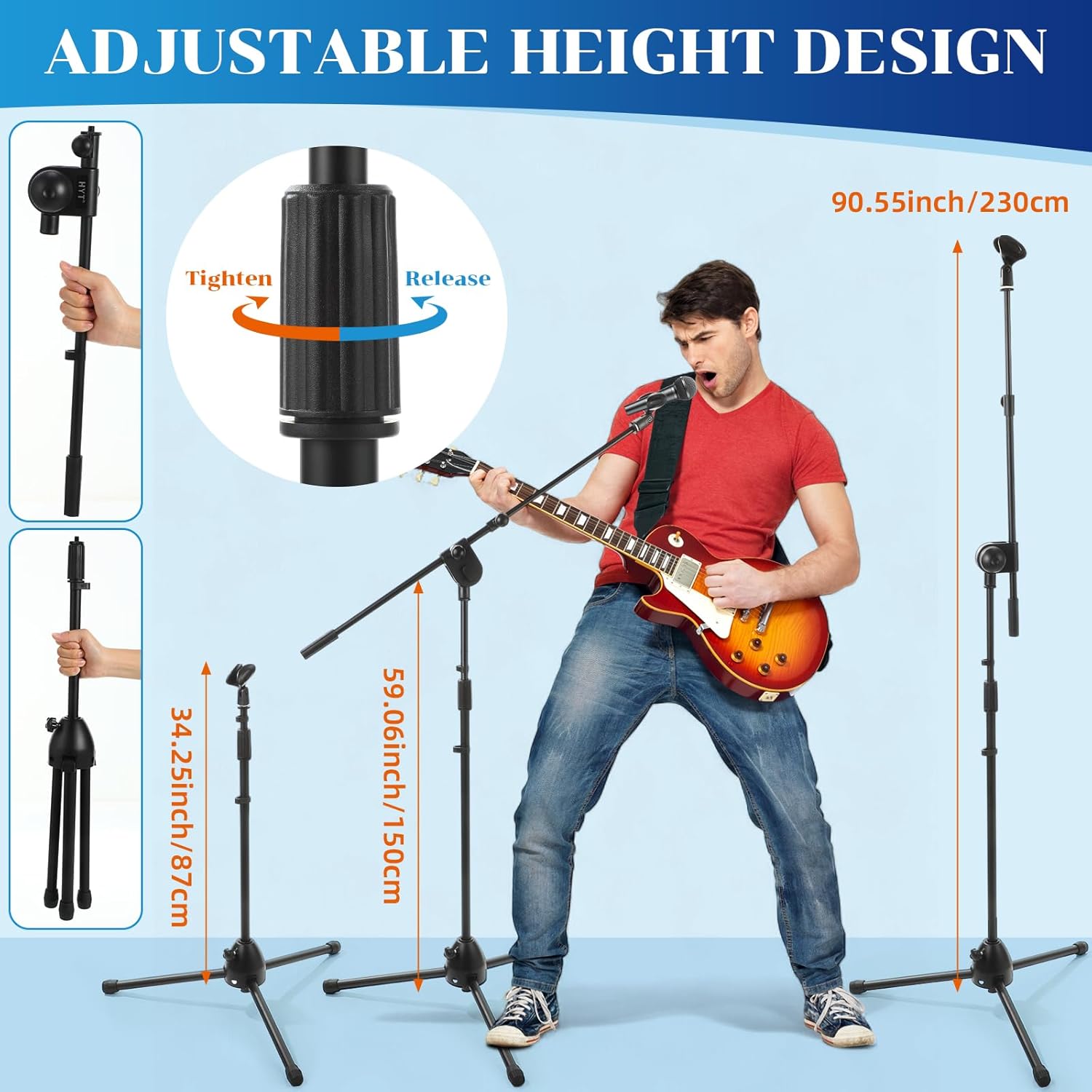 6 Pcs Universal Mic Stand Floor Tripod Boom Arm Microphone Stand Height Adjustable from 34 to 90.5 with Carry Bag and 12 Mic Clips for Singing Stage Wedding Karaoke Church Performance