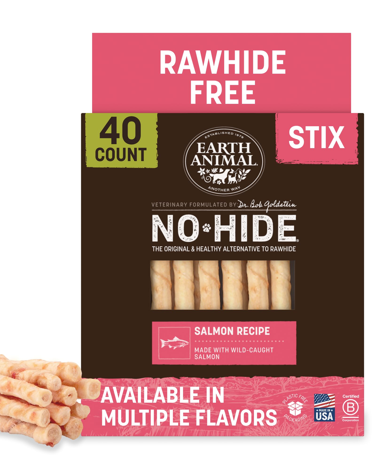Earth Animal No Hide Stix - Rawhide Free Dog Chews Sticks 40 Count Salmon