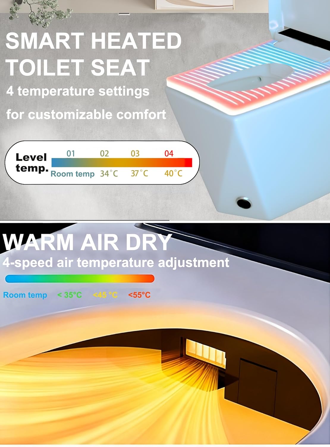 WinZo Square Smart Toilet Bidet For Modern Bathroom,Diamond-shaped Sleek Design Elonagted Rectangle 17" Comfort Bowl (White)