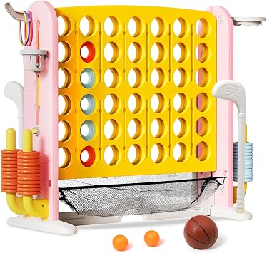 Ancaixin Giant 4 in-A-Row Connect Game Set, Adjustable Height Jumbo Yard Game with Basketball Hoop, Golf, Mesh Pocket & Ring Toss, Indoor Outdoor Family Backyard Party Game for Kids and Adults, Yellow