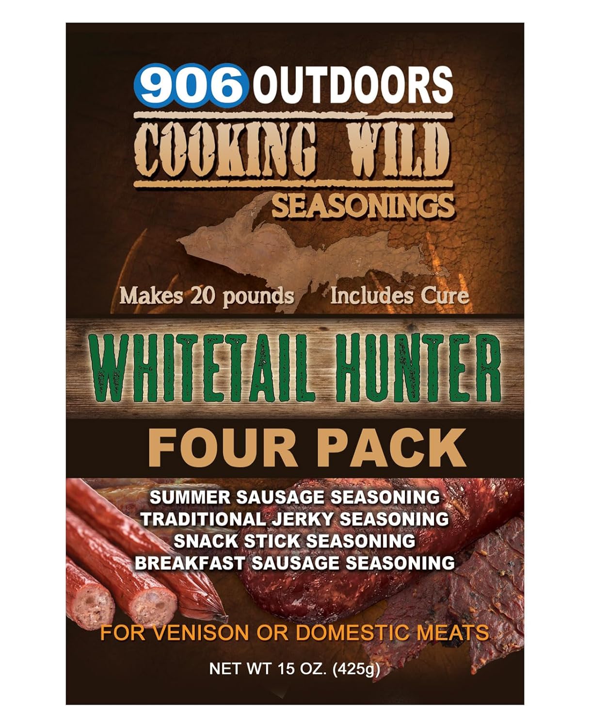 Cooking Wild Seasonings WHITETAIL HUNTER Variety Four Pack, Seasons up to 20 pounds of Wild Game or Domestic Meat, 15 ounce, includes cure packets