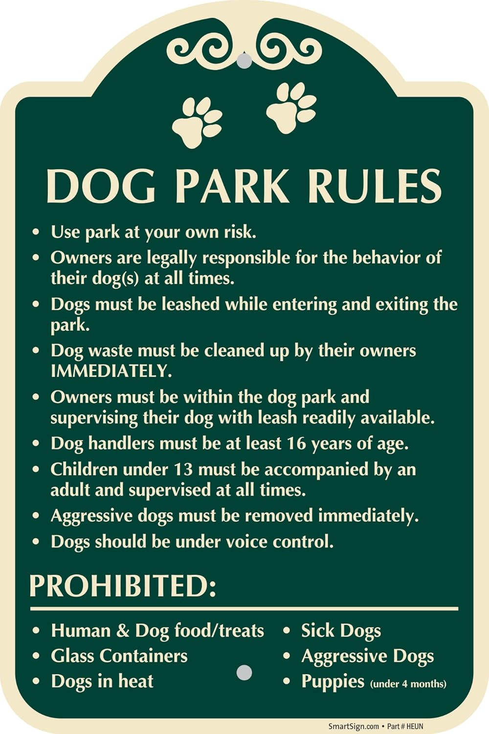 SmartSign Designer "Dog Park Rules - Use At Your Own Risk, Owners Legally Responsible …" Sign, 12" x 18", 120 mil Aluminum Composite (ACM) with Overcoat, Green, Made in USA