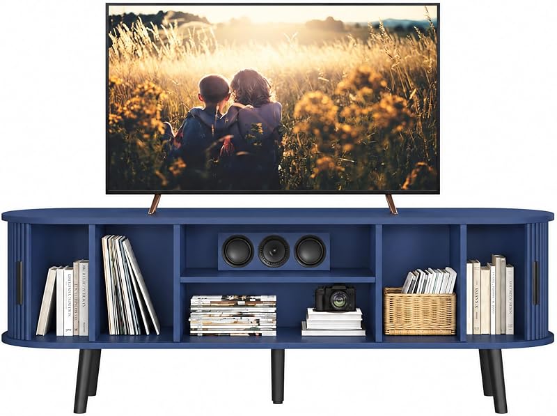 ChooChoo 54" Mid Century Modern TV Stand with Fluted Sliding Doors image 7