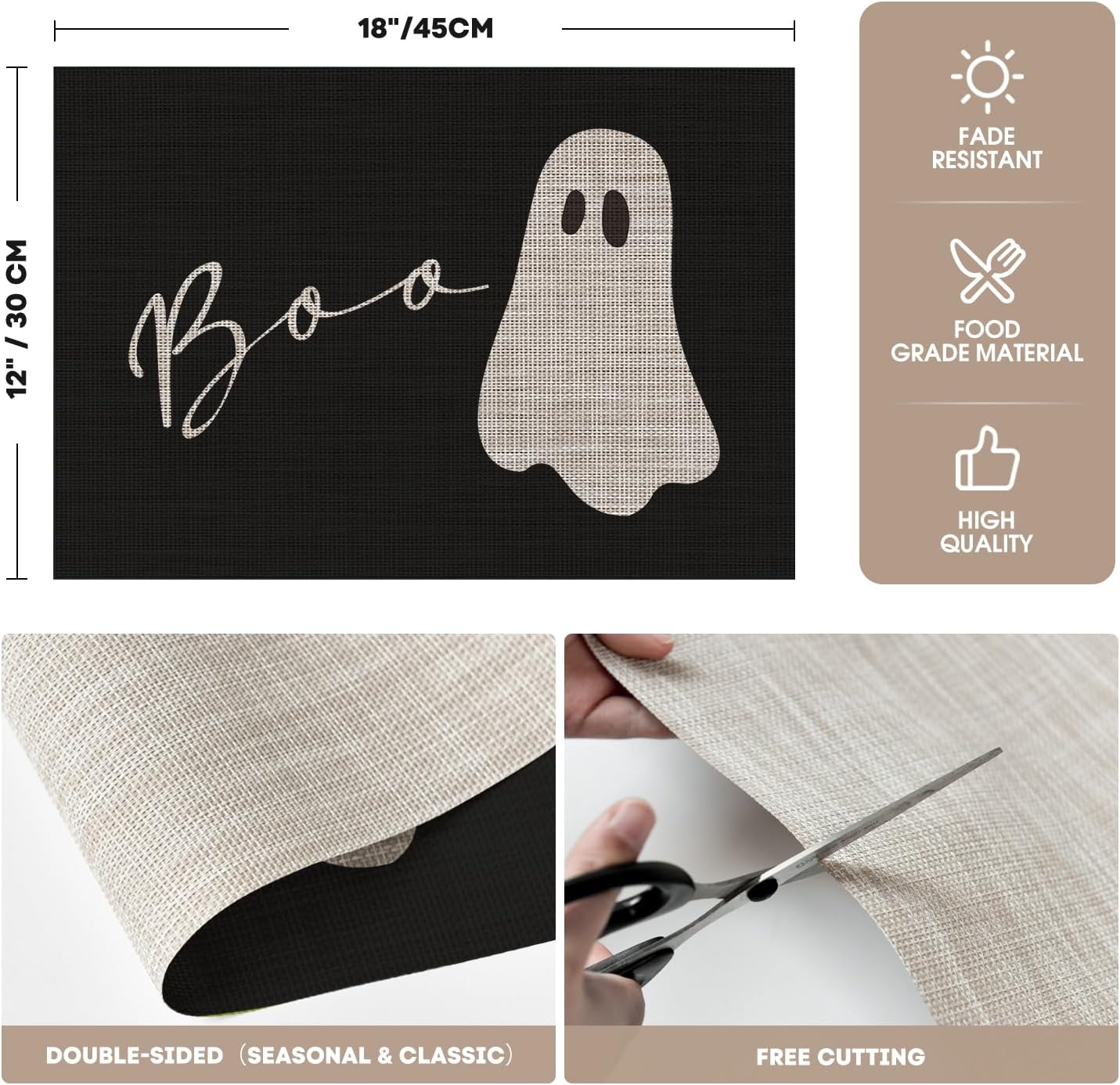 Artoid Mode Ghost Halloween Vinyl Placemats Set of 4, Washable Heat Resistant Non-Slip Woven Plastic PVC Place Mats for Farmhouse Holiday Party Kitchen Dining Decor