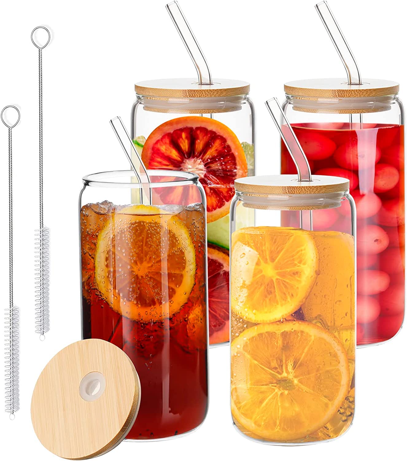 HEFTMAN Lot De 2 Tasses En Verre 600ml - Forme Canette, Couvercles Bambou, Pailles Réutilisables