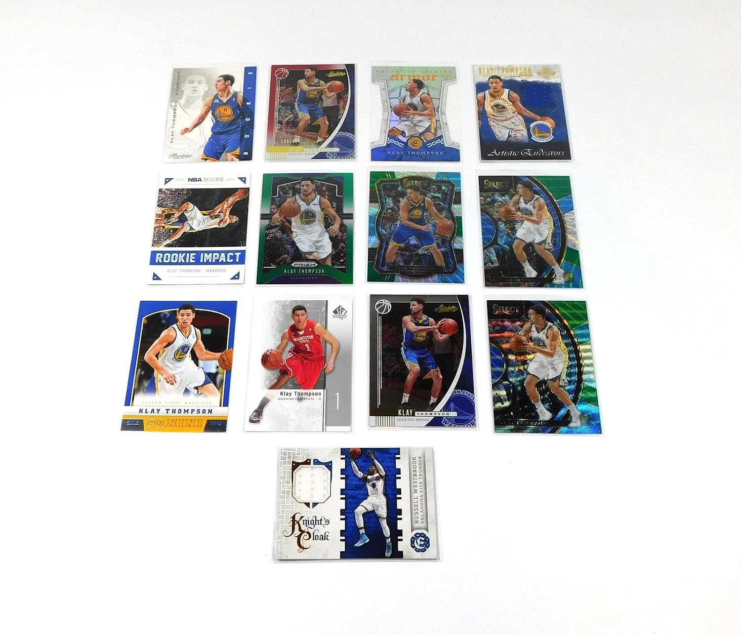Lot of (13) Assorted Klay Thompson Basketball Cards Warriors w/ #'d & Game Used - Unsigned Basketball Cards