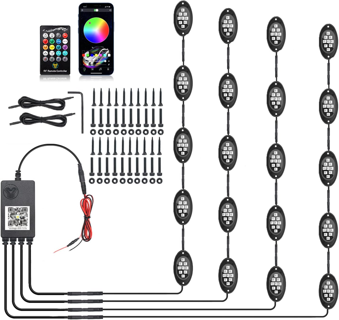 20 Pods Led Rock Lights for Trucks, RGB LED High Brightness Multifunction Neon Underglow Kit Waterproof Car Light with APP/RF Control, Rock Lights for Pickup Off Road RZR SUV ATV UTV