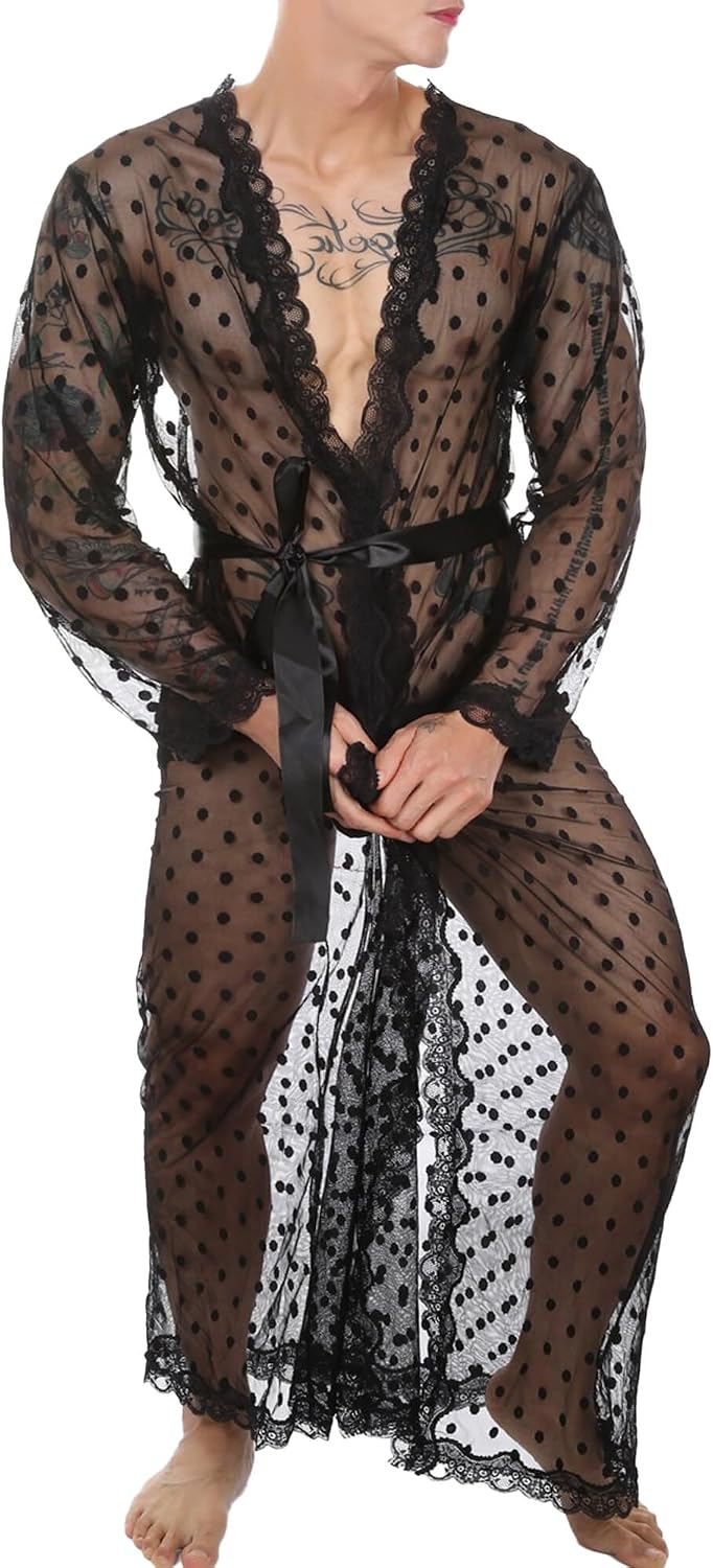 FEOYA Men Lace Floral Lingerie See Through Mesh Robe and Panty Set Bathrobe Nightgown Sleepwear