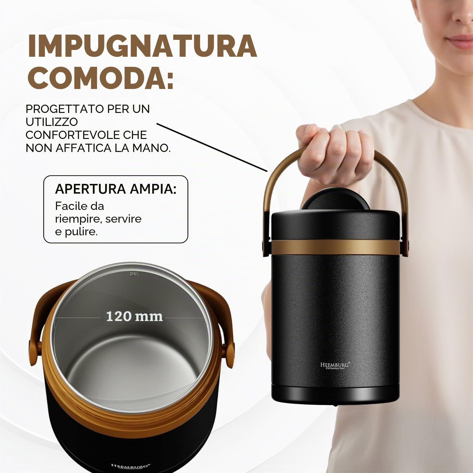 Heemburg Contenitore termico per il pranzo, barattolo isolato, in acciaio inox, per pasti, zuppe, frutta, per ufficio e uso esterno (nero, 2 L)