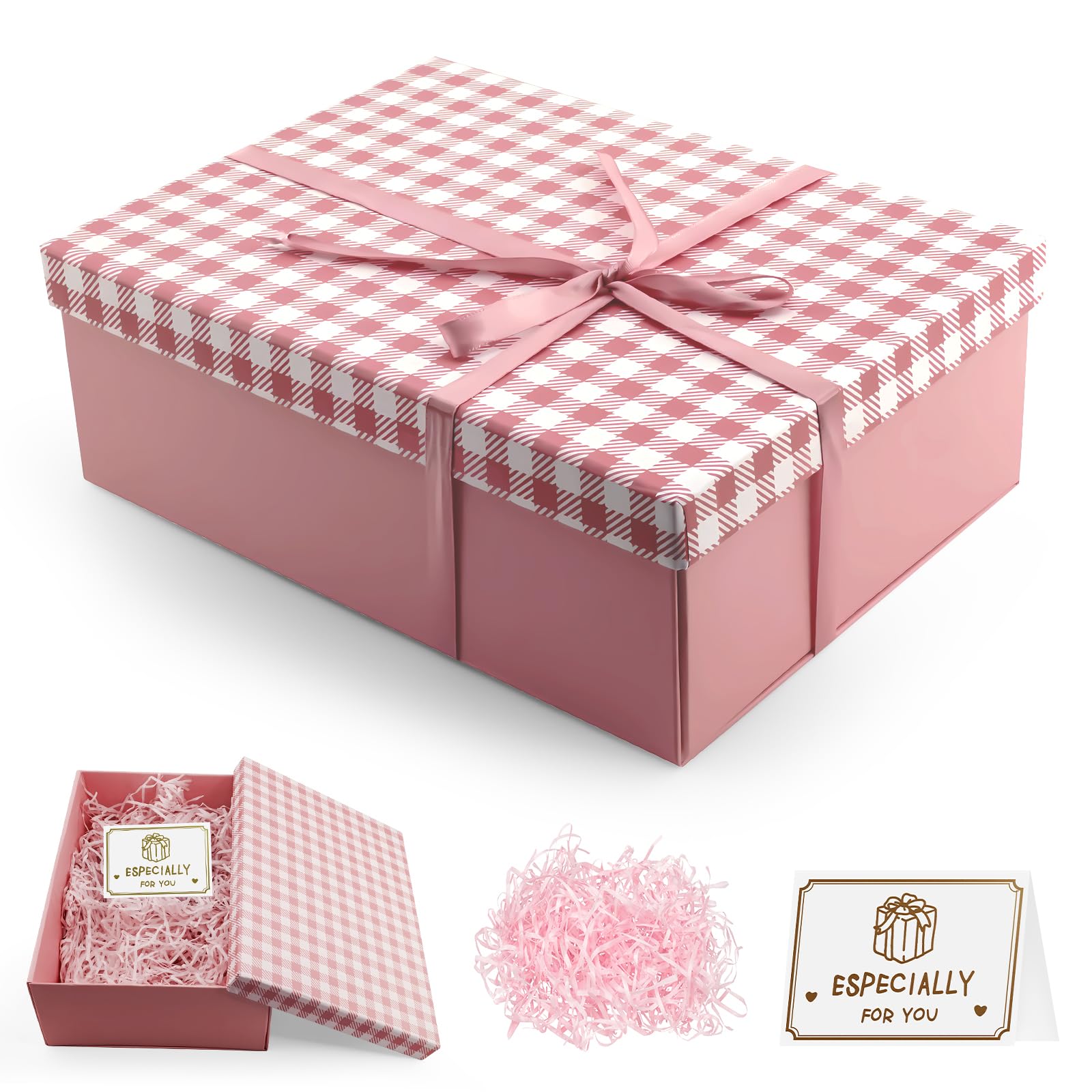 MOSTFUN Gift Box, 25×18×8.5cm Elegant Gift Box with Lid Ribbon Bowknot Greeting Card Shred Raffia for Present Birthday Wedding Valentines Day Christmas Anniversary Festival Partie (Pink)