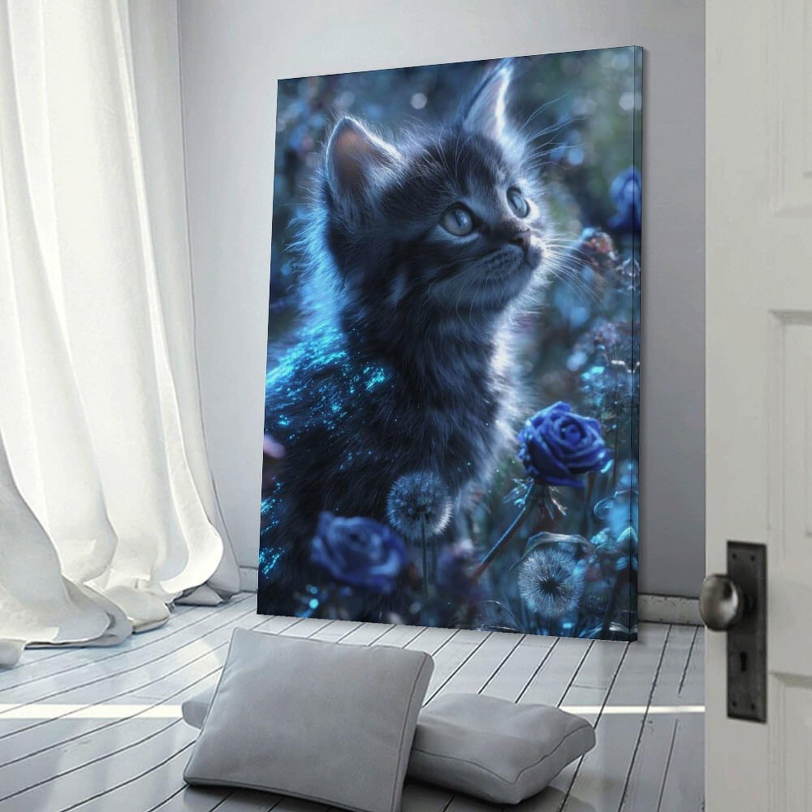 Junmoney Canvas Art Print Kitten in A Magical Blue Garden, 16x24inch(40x60cm), for New Homes, Bedrooms Or Workspaces, Thoughtful Wall Decor for Art Lovers