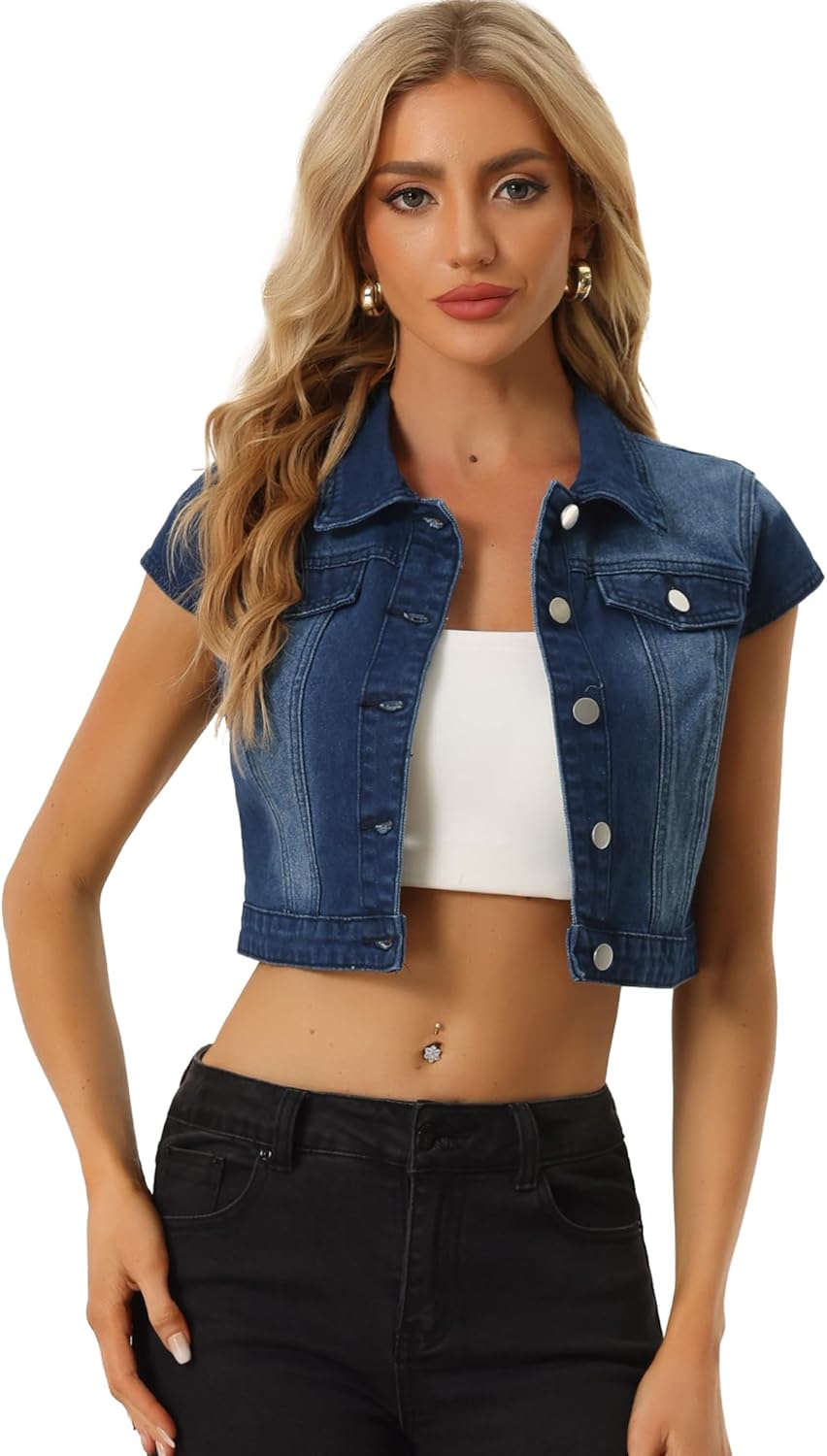 Allegra K Women's 2024 Summer Button Down Cap Short Sleeve Cropped Jean Denim Jacket