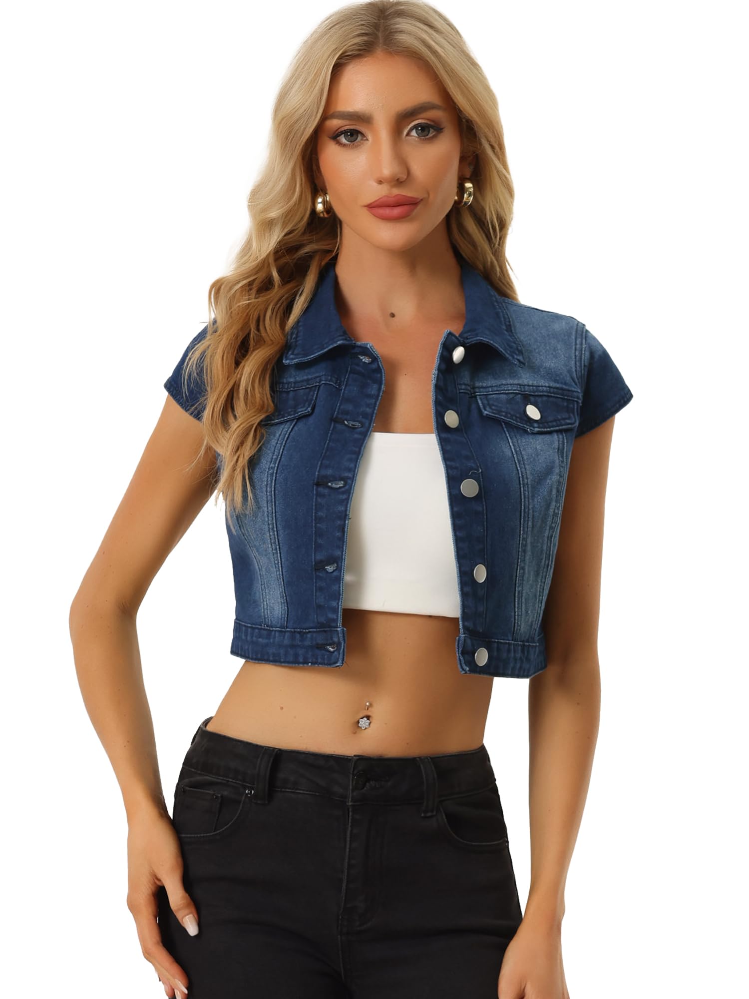 Allegra K Damen Kurzarm Jeansjacke kurze Jacke Sommer Knöpfen Stretch Denim Crop Westen Weste