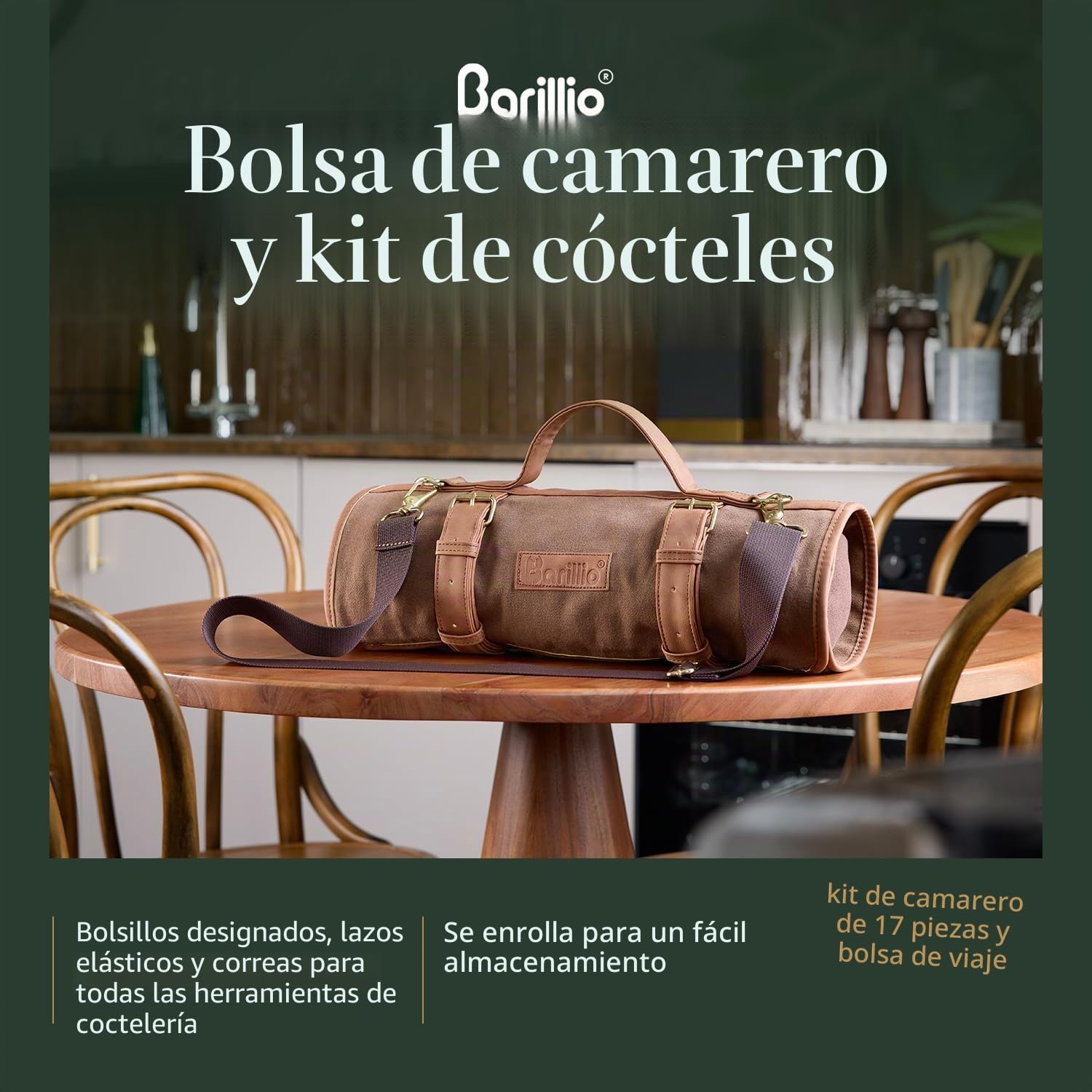 Barillio Bolsa de Barman de Viaje con Herramientas de Bar, Juego de Herramientas de Bar Profesional de 17 Piezas con Bolsa de Lona Encerada portátil Que Incluye Correa para el Hombro para un fácil
