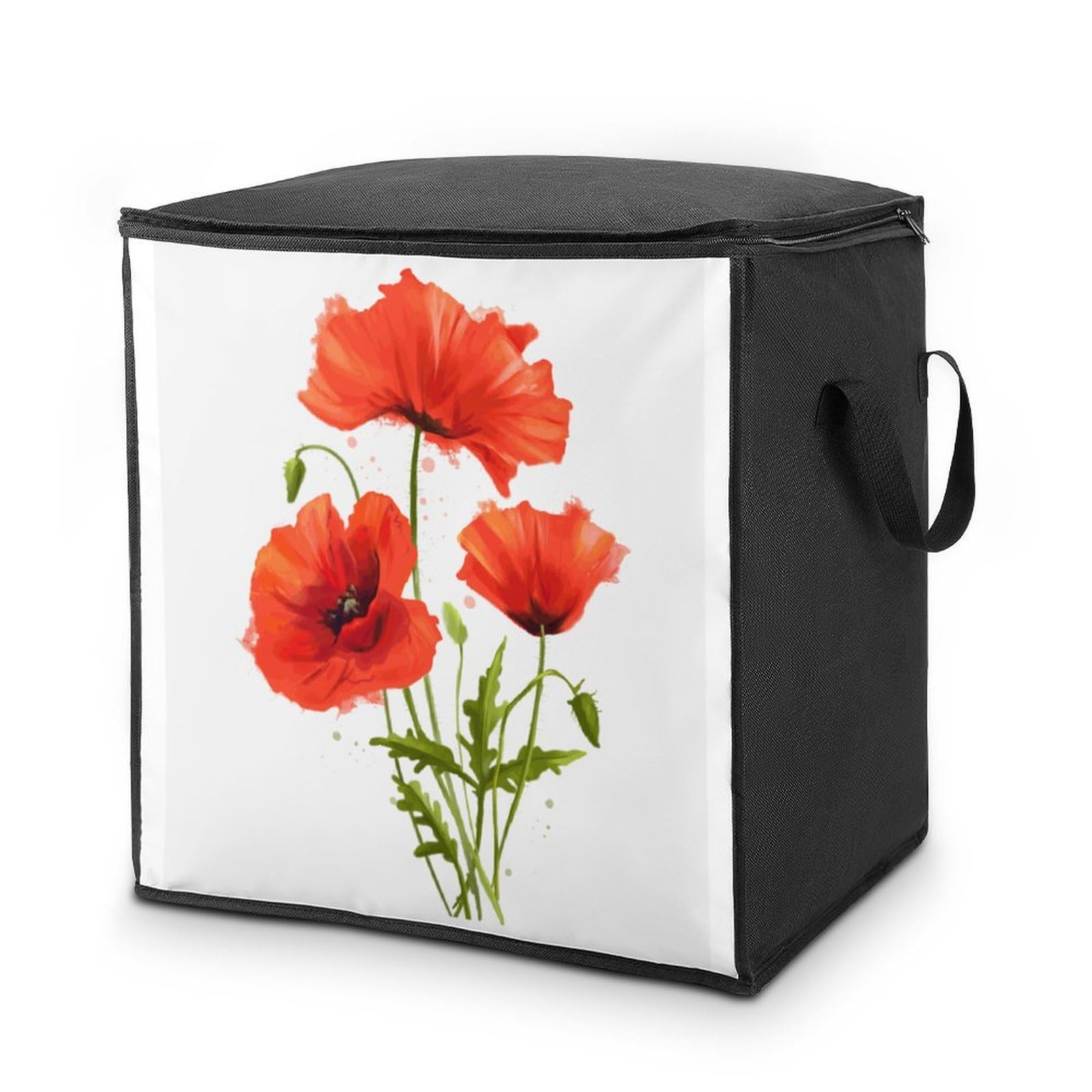 Lyfthologen 70L Storage Bags, Red Poppy Storage Box with Lid Zipper And Handles, Clothes Bags for Quilt, Blankets, Bedding