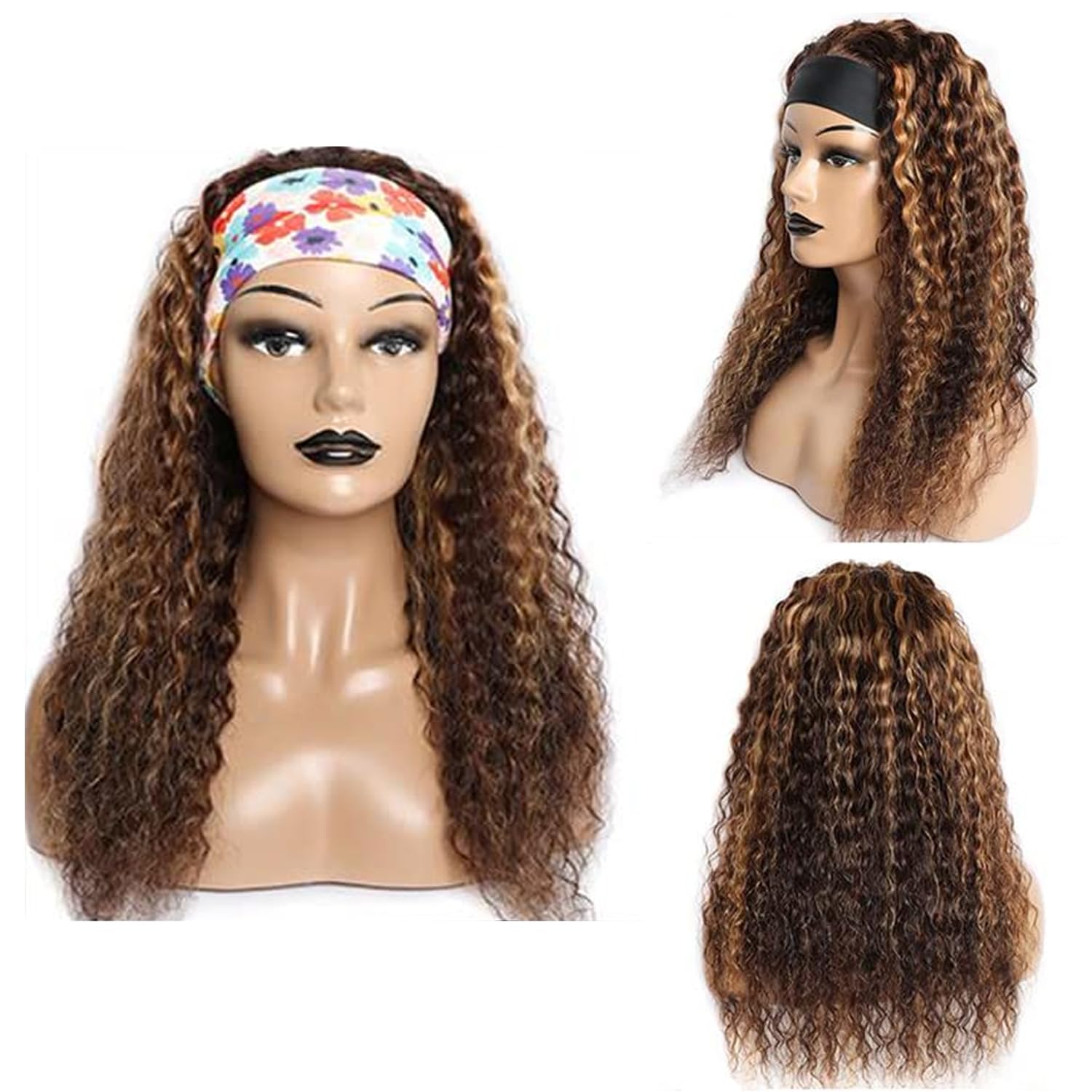 Ombre Deep Wave Headband Wig Human Hair #4/27 Curly Headband Wigs for Black Women Human Hair Glueless None Lace Front Wigs Brazilian Virgin Hair Wig Machine Made 150% Density 12 Inch