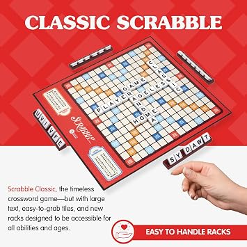 JOY FOR ALL Games - Scrabble Bingo 3-in-1 Word Games - Classic, Bingo, Pass - New Easy to Grasp Tiles & Racks - Fun Family Board Game for Seniors, Kids, Teens, and Adults