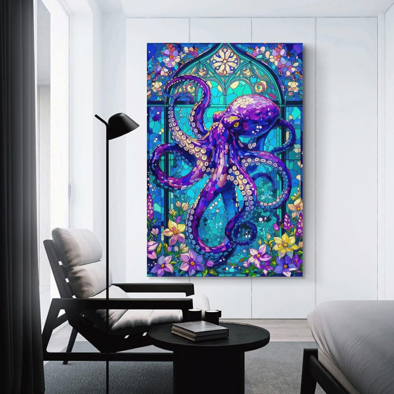 Junmoney Unframe-Style-7 Octopus Stained Glass Art Canvas Wall Decor, 24X36inch(60X90cm), For Flats, Guest Rooms Or Compact Rooms, Decorative Canvas Decor For Home Updates
