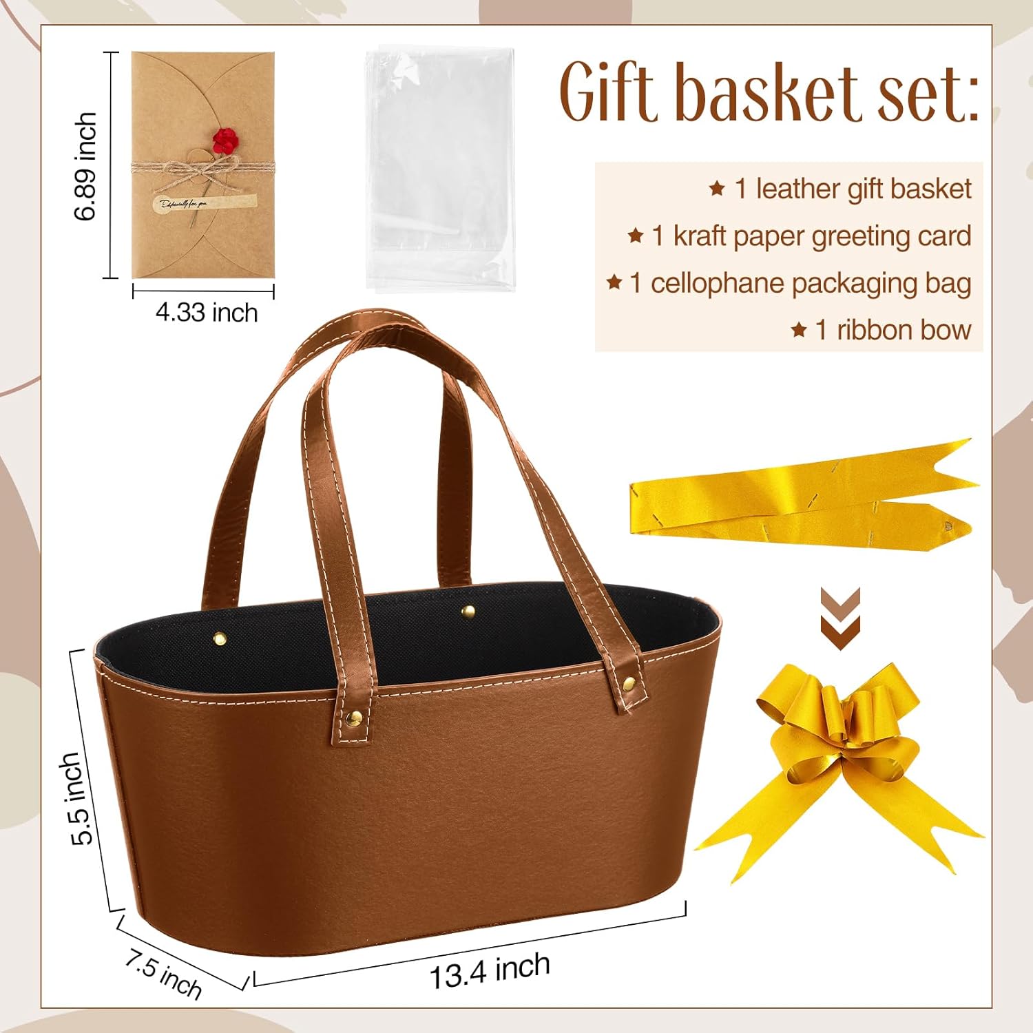 Wonderjune Mother's Day Empty Gifts Baskets with Leather Gift Bags Ribbons Greeting Cards Empty Baskets with Handles for Mother's Day Lover Birthday Shower Favor Wrapping Gift(Brown,Large)