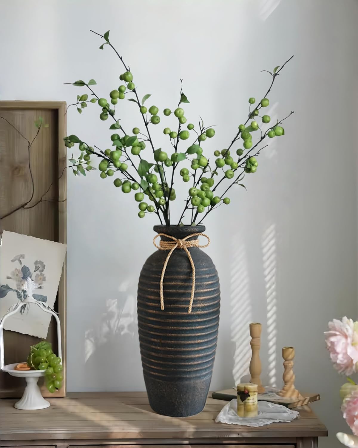 Large Ceramic Rustic Vase，14.4 Inch Vintage Farmhouse Tall Threaded Vase for House Book Shelf Office Coffee Desk Dining Fireplace，Bronze