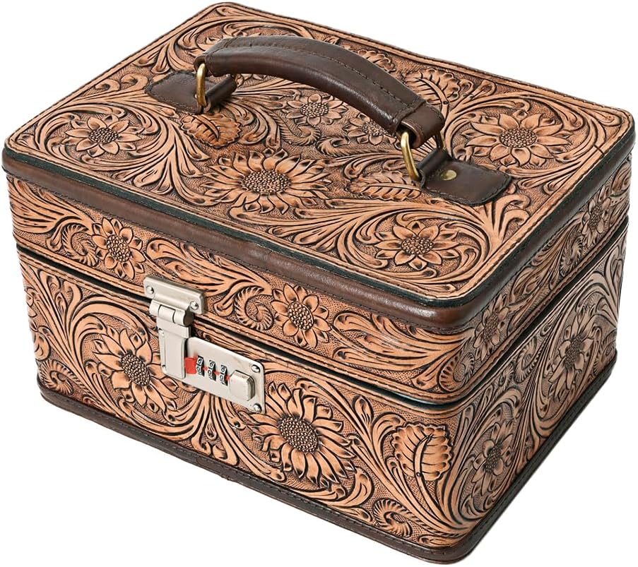 American Darling Jewelry Case for Women - Hand Tooled Floral Carved Genuine Leather Travel Organizer with Top Handle