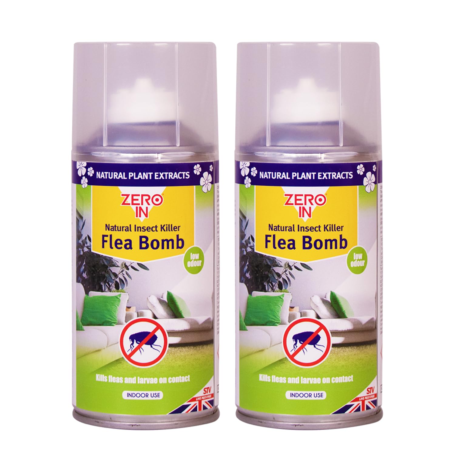 Zero In Natural Insect Killer Flea Bomb - 2 x 150 ml - One Shot Flea Spray for the Home, Indoor, 40m³/Can - Treatment Controls Fleas & Larvae, Ready-To-Use Fogger - Rapid-Acton, No Harmful Residue