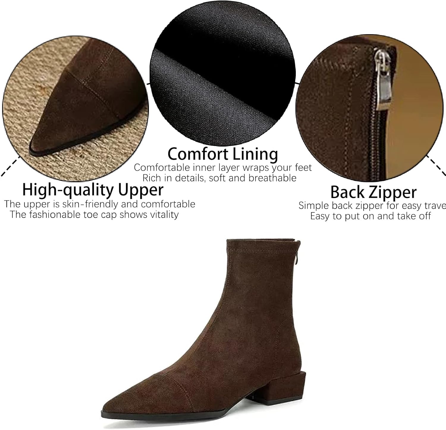 Women's Suede Chunky Heel Ankle Boots with Back Zipper Retro Comfortable Pointed Toe Low Heel Short Bootie Fall Winter Daily Casual Dress Boots - Image 4