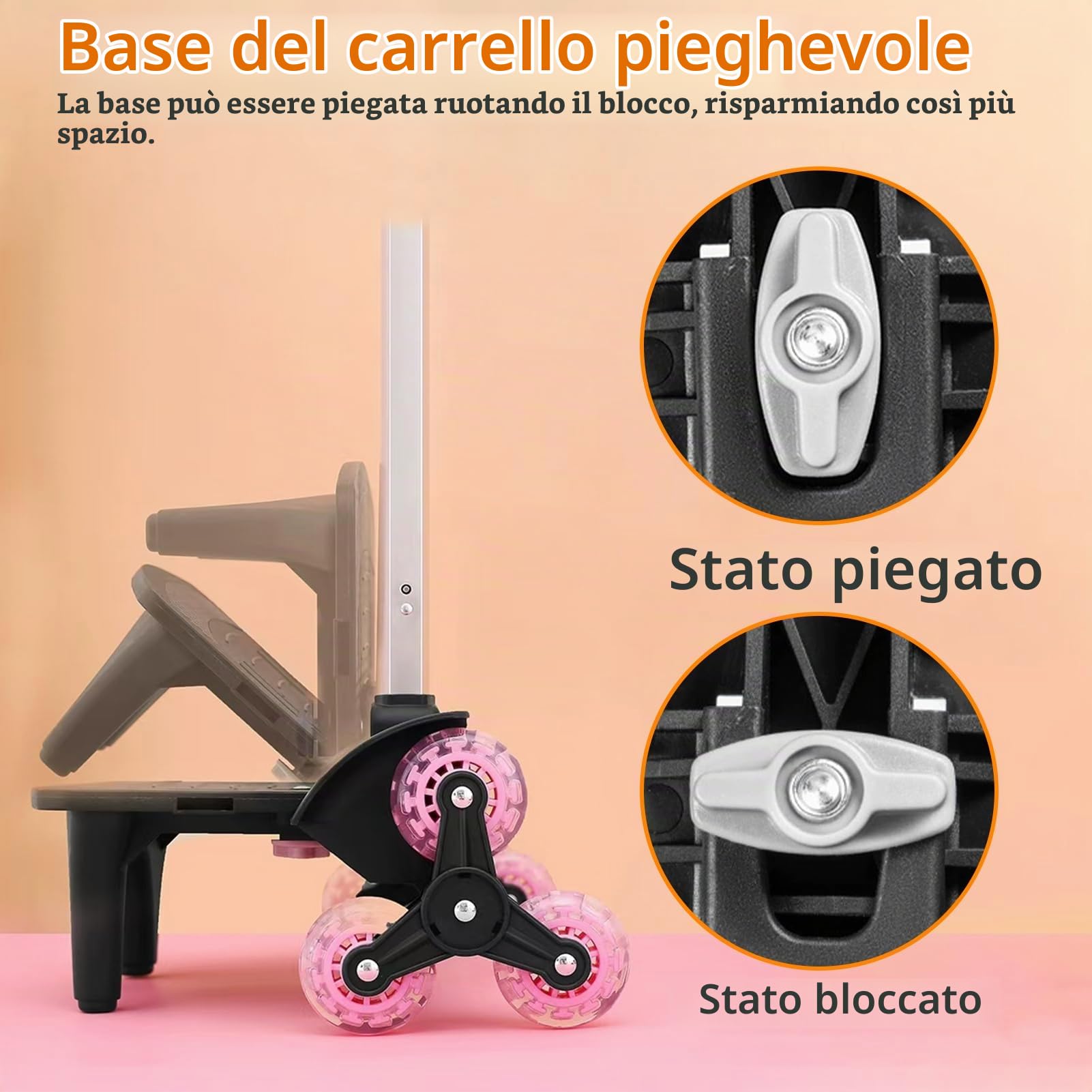 Trolley leggero pieghevole – Carrello a mano a 3 ruote con cinghia, carrello pieghevole portatile per zaino, viaggi, pendolarismo e uso quotidiano
