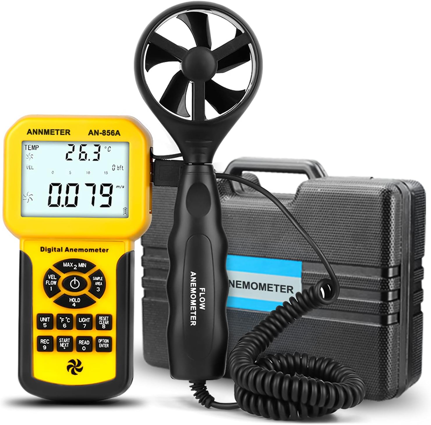 Handheld CFM CMM Wind Speed Meter, Separate Anemometer Measure Air Flow Velocity Temp Gauge for HVAC with Data Record MAX MIN AVG(ANNMETER AN-856A)