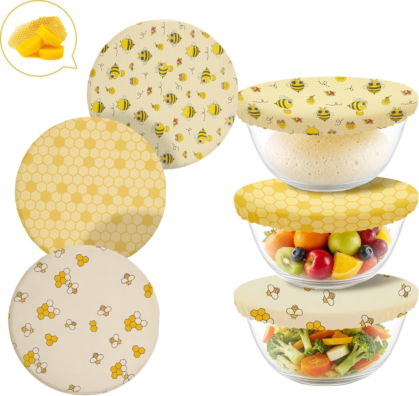 Reusable Beeswax Bowl Covers for Bread Proofing & Food Storage, Eco-Friendly Organic Cotton with Natural Wax & Resin, for Baking, Picnic, Pet Food, Sustainable Kitchen, 3 Pack (Honeybee001, 12Inch)