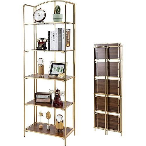 Crofy No Assembly Folding Bookshelf, 5 Tier Gold Bookshelf, Metal Book Shelf for Storage, Folding Bookcase for Office Organization and Storage, 12.87 D x 22.91 W x 69.29 H Inches