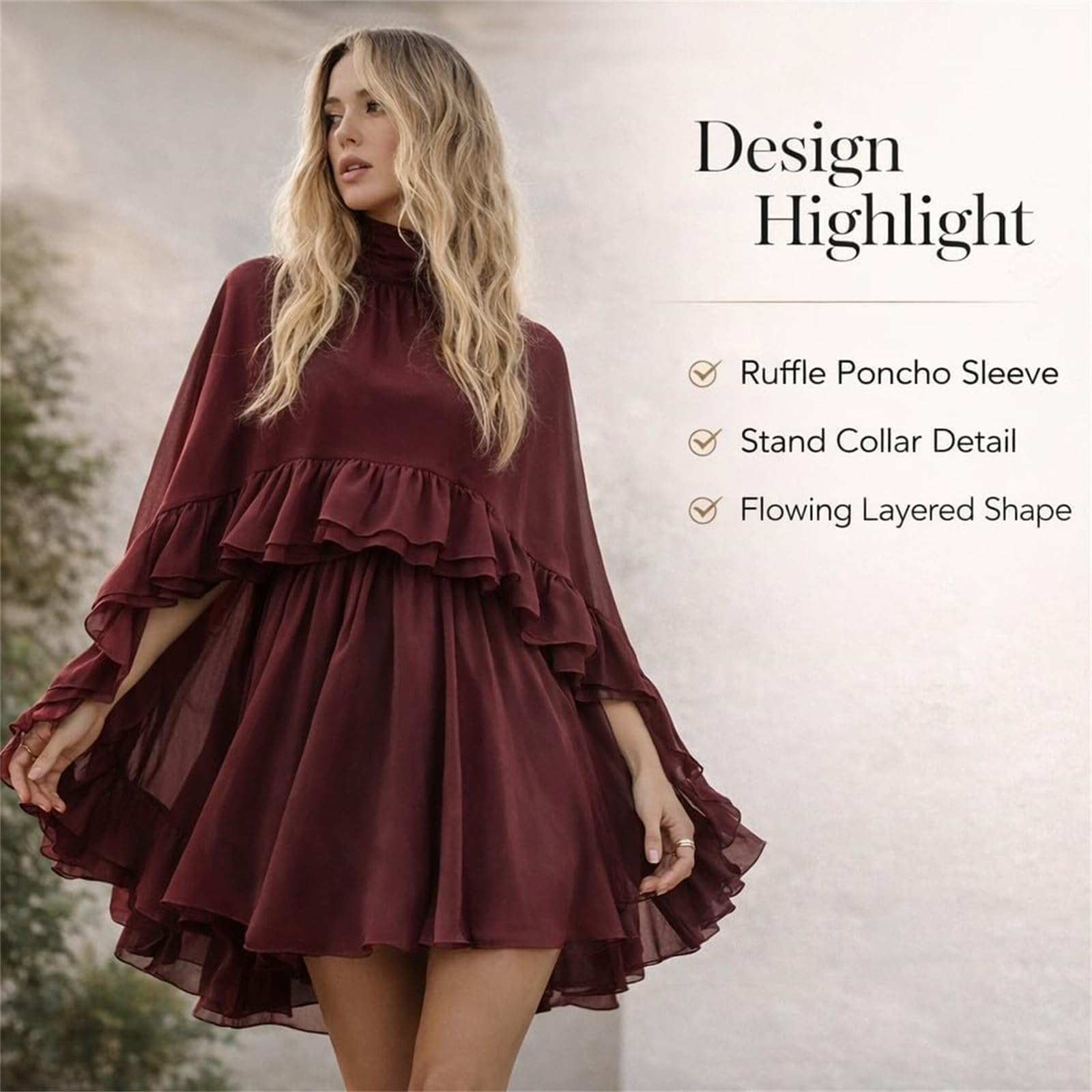Vestido de gasa semitransparente con volantes y capa exterior, manga poncho fluido, mini vestido para trabajo, oficina, salidas informales, citas, fiestas