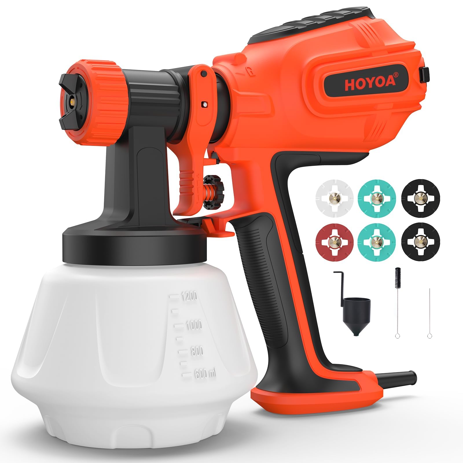 HOYOA Paint Sprayer, 800W HVLP Electric Paint Spray Gun with 1200ml Container, 6 Nozzles & 3 Patterns, Easy Cleaning, Adjustable Air Flow for House Painting, Furniture, Fence, Walls, Door