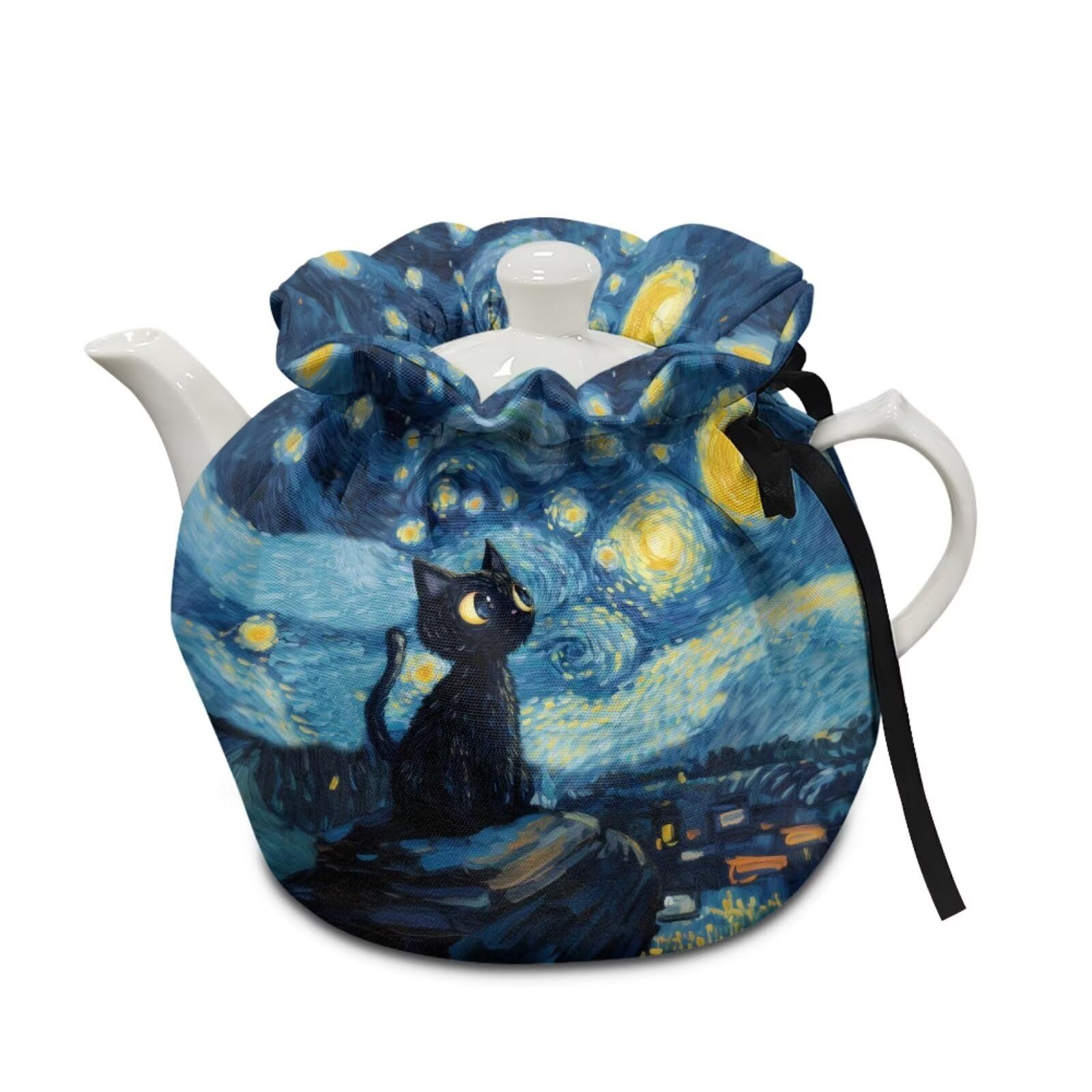 Starry Cat Print Tea Cosy for Teapot Insulated Portable Protective Tea Pot Cozy Cover with Drawstring Breakfast Warmer 6.1x6.1x6.9 Inch