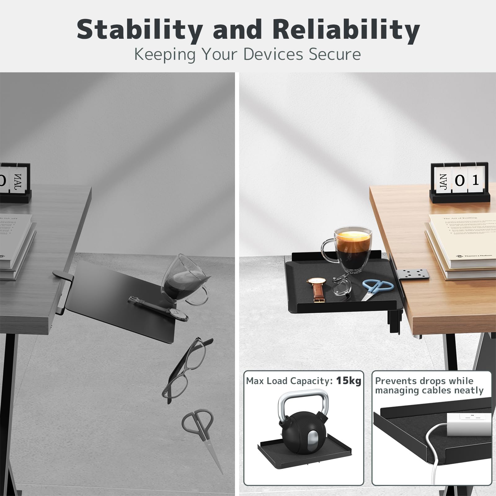 Plateau de Bureau à Pince | Compatible Bureau 60mm | 15kg Capacité| Solution & Télétravail | Structure Acier Noir (30,4x22,7cm)