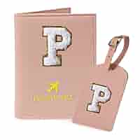 PATIKIL Passport Holder For Travel, Initial Passport Cover And Luggage Tag Set With Alphabet Chenille Letter Patch Travel Wallet Bag Suitcase Identifier For Women Family Travel Pink E