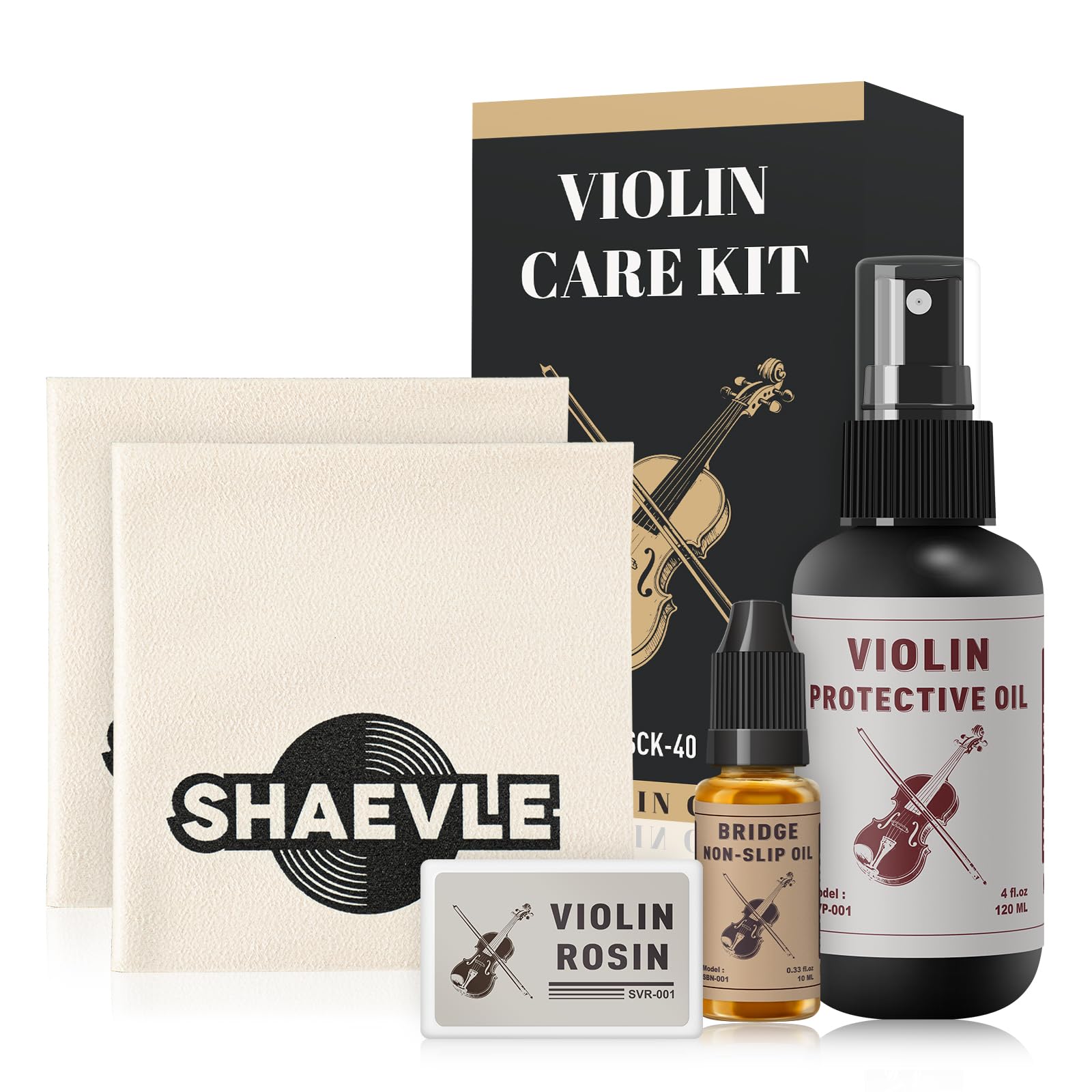Kit d'entretien pour violon et alto – Kit de nettoyage et de maintenance pour instruments à cordes, incluant colophane, huile protectrice, huile antidérapante pour chevalet et chiffon de nettoyage