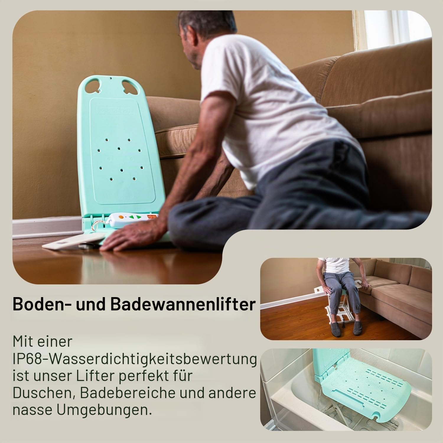 SuperHandy GoRise LT Tragbarer Boden- und Badewannenlift – leicht, faltbar, 150 kg Kapazität, wasserdicht, ergonomischer Sitz mit abnehmbaren Paneelen, 8,6 kg [zum Patent angemeldet]