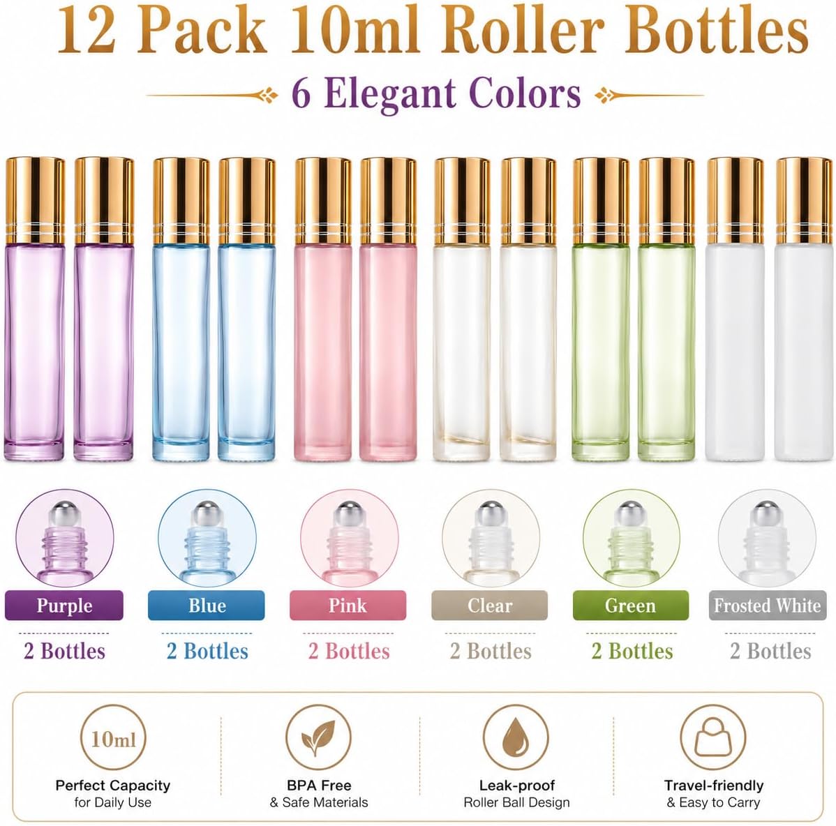 12 Pack 10ml Roller Ball Bottles for Essential Oils, Oil Roll on Perfume Bottle Empty, Glass Rollerball Bottles Roller Applicator